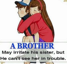 two people hugging each other with the caption'a brother may irritate his sister, but he can't see her in trouble