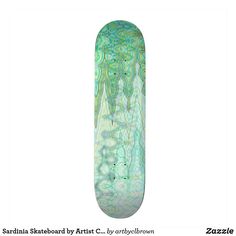 the skateboard is designed to look like an abstract painting with green and blue swirls