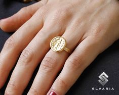 Ancient Greek Coin Woman 24K Gold Vermeil 925 Silver Signet Ring Handmade Unique Dainty Gift Ring Mythological Fancy Lady Art Pinky Ring 💍Item Details💍 SKU CODE: GACRIT2031 ★ Material: 24K Gold Plated 925 Sterling Silver ★ Silver Weight: App. 5.65 Grams {6 USA Size] ★ Ring Diameter: 2,3-2,7 mm ★ Ring Size: Available in variations  ★ Coin: Woman Portrait ★ Coin Size: 15X15,20 mm ★ Coin Metarial: 24K Gold Plated 925 Sterling Silver ★ Ring Plate: Available in variations to Rose Gold & 24K Gold & Hallmarked Coin Shaped Signet Ring As Gift, Gold Coin Signet Ring For Gift, Gold Polished Symbolic Signet Ring, Gold Coin-shaped Engraved Ring, Gold Coin-shaped Signet Ring For Gift, Ring Plate, Ancient Greek Coin, Greek Coins, Silver Signet Ring