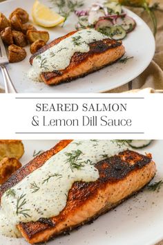 two plates with salmon and lemon dill sauce