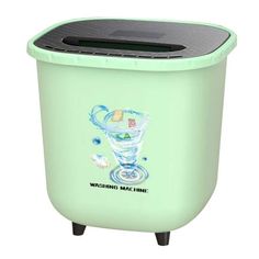 a green trash can with a black lid and an image of a martini on it