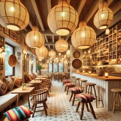 the interior of a restaurant with wooden tables and chairs, hanging lanterns above them on the ceiling