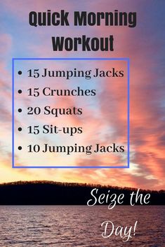 a poster with the words quick morning workout on it and an image of sunset in the background