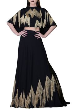 A black floor-length chanderi lehenga accentuated with gold fringes along the hemline. It can be paired with crop top or blouses and dupatta to complete the look. - Aza Fashions Lehenga Black, Lehenga Skirts, Chanderi Lehenga, Lehenga For Women, Work Lehenga, Lehenga Online, Gold Fringe, Black Floor, Black Fringe