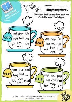 an english worksheet with pictures of coffee cups and the words rhyming words