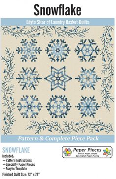 the snowflake quilt pattern is shown in blue and white, with an intricate design on