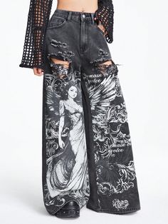 Jeans With Character Print And Distressed Holes Design, School Black    Denim Graphic Wide Leg Non-Stretch  Women Clothing, size features are:Bust: ,Length: ,Sleeve Length: Cool Jeans Outfit Women, Metal Concert Outfit Summer, Rib Cage Jacket, Black Pants Design, Baggy Pants Plus Size, Art On Pants, Alt Pants, Cute Black Jeans, Goth Jeans