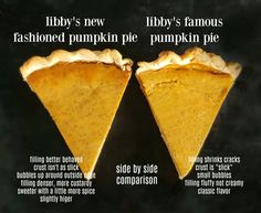 two slices of pumpkin pie sitting side by side on a black surface with words describing the different types of pies