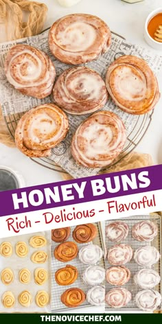 honey buns on a cooling rack with the words, rich - delicious and flavorful