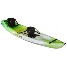 a green and white kayak with two seats on it