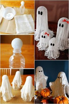 halloween decorations made out of toilet paper and plastic bottles with ghost faces on them, sitting on a table