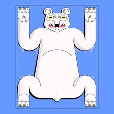 a white bear sitting in the middle of a blue square with one paw raised up