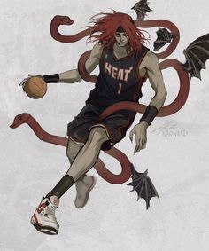 a drawing of a basketball player with red hair and an octopus on his back is in the air