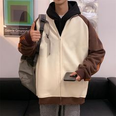 Brand Name:  Applicable Season: Autumn And WinterMaterial: AcetateThickness: STANDARDLining Material: PolyesterApplicable Scene: TripOuterwear Type: JacketsGender: MENClothing Length: RegularItem Type: Outerwear CoatsType: LOOSECollar: Turn-down CollarClosure Type: zipperSleeve Style: RegularHooded: Notype: fashion baseball jacket Casual Brown Patchwork Outerwear, Brown Long-sleeved Outerwear With Contrast Color, Oversized Winter Outerwear With Contrast Color, Casual Outerwear With Contrast Color For Fall, Oversized Outerwear For School In Fall, Oversized Fall Outerwear For School, Winter Brown Outerwear For School, Casual Hooded Jacket With Contrast Color For Fall, Casual Contrast Color Hooded Jacket For Fall