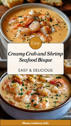 creamy crab and shrimp seafood bisque recipe in a bowl with bread on the side