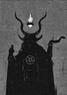 a black and white photo of a demon with horns on it's head, standing in front of a dark background