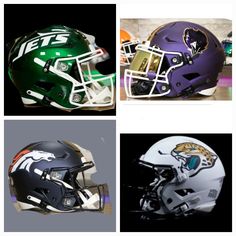 four different helmets with the same team logo on them, all in black and white