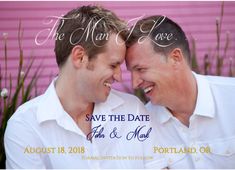 two men smiling at each other with the words save the date printed on top of them