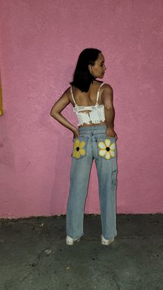 Painted flower jeans Painting Pants, Painted Denim Jeans, Cresent Moon Necklace, Ice Tie Dye, Flower Jeans, Yellow Fits, Vintage Jean Jacket, Tapestry Blanket, Flowers Painted