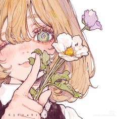 a drawing of a girl holding flowers in her hand and making the peace sign with her fingers