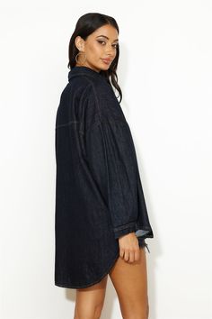 True to size. Denim. Oversized. Model is a standard XS and is wearing size XS. Drop shoulder. Curved hem. Contrast stitching. Cotton/Polyester. Bring the cool vibes with the LIONESS NYC Boyfriend Shirt. Featuring an oversized fit and curved hem design. Style with shorts for a look we can't get enough of. Oversized Denim Top With Button Closure, Oversized Dark Wash Button-up Denim Top, Oversized Denim Blue Button-up Top, Oversized Button-up Washed Blue Denim Top, Unstructured Denim Button-up Shirt, Boyfriend Denim, Long Bodycon Dress, Boyfriend Shirt, Mini Dresses Summer