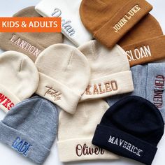 several beanies are shown with the words kids and adults written on them