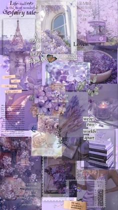 purple collage with flowers and words on it