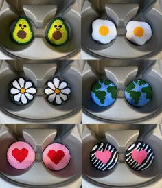 six different pictures of eggs and flowers in the shape of heart, egg with an avocado