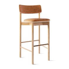 a wooden bar stool with a brown leather seat and backrest on an isolated white background