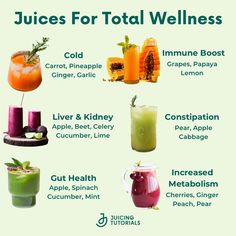 Juices for Total Wellness: Delicious Gut-Healing Recipes to Help You Look and Feel Your Best: Jui... Juices Good For Gut Health, Vitamin C Juice Immune System, Different Juices Health, Juice Recipes With Benefits, Juicing Recipes Immune Booster, Healthy Juices For Energy, Juice To Help With Gut Health, Gut Cleansing Juice Recipes, Best Fresh Juice Recipes