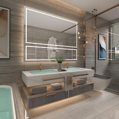 a bathroom with a tub, sink and large mirror above the bathtub is illuminated by lights