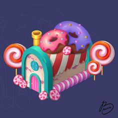 Isometric, isometric art, isometric house, isometric bakery, isometric candy shop, 2d art, 2d illustration, cg, game art, monile game, donut illustration, donut game art, lollipop illustration, lollipop game art, sweets game art, sweets props, candy props, donut props