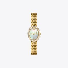 Elegant and jewelry-like, a mother-of-pearl dial is set within an oval-shaped case, outlined in pavé embellishments. The feminine design is complemented by a classic link bracelet. Womens Designer Watches, Stone Gold, Feminine Design, Link Bracelets, Watch Design, Designing Women, Tory Burch, Designer Shoes, Two Tone