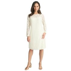 Jessica London Women's Plus Size Stretch Lace Shift Dress Dress.Polished shift dress in elegant lace layers over a solid attached slip with a sweetheart neckline. Lace long sleeves and covered button-and-loop closure at the back of neckline. 41" length Nylon/polyester/spandexMachine wash; imported Style & Fit Tips: Embrace lace in this forever perfect silhouette. The epitome of feminine occasionwear, this is the dress that every woman needs. The sweetheart neckline is perfectly proportioned to smartly conceal bra straps, and the modern midi length gracefully falls at the knee. Pair with pumps to give your night-out look a lift, or slip into your favorite flats for a day full of compliments at the office. Just add accessories and be on your way! . About the brand: Style To Live By. Jessica Denim Maxi Dress, Lace Layers, Lace Shift Dress, Ladies Of London, Brand Style, Dress 16, Bra Straps, Stretch Lace, Long Sleeve Lace