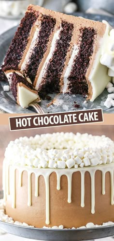 there is a chocolate cake with white frosting on the top and one has been cut in half