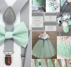 there is a collage of pictures with green and white items in the photo, including a bow tie