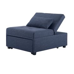 a blue chaise lounge chair with pillows on it