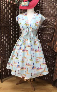 Beautiful Nautical/lighthouse/beach 🏖 print dress This is a one and only ! Lovely full skirted ,fitted bodice dress  Quality cotton fabric  Cotton lined bodice  Full skirt  Side zip fastening  Back tie belt  Front bow detail         Size 10   Actual dress measurements    Bust  upto 35.5 ins (fit 33 -35.5 )   Waist 28 ins    Hips free size Bodice Dress, Full Skirt Dress, Motif Vintage, Dress Measurements, 50s Fashion, Fitted Bodice, Denim Fashion, Western Fashion, Dress Clothes For Women