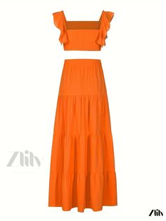 Zlily - Chic Ruffle Hem Skirt Set: Elegant Sleeveless Crop Top and High Waist Skirt Ensemble for Womens Fashionable Attire Two-piece Maxi Skirt For Summer Day Out, Summer Two-piece Maxi Skirt For Day Out, Two-piece Solid Color Summer Dress, Solid Two-piece Summer Dresses, Orange Maxi Skirt For Summer Vacation, Casual Two-piece Maxi Skirt For Vacation, Casual Two-piece Maxi Skirt For Beach, Solid Color Maxi Skirt For Summer, Summer Maxi Skirt In Solid Color