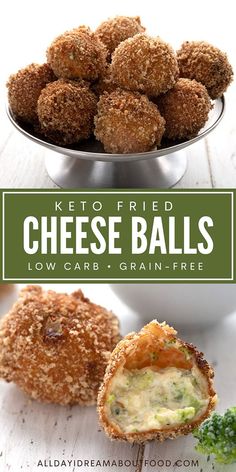 broccoli and cheese balls with the title text overlay reads keto fried cheese balls low carb grain - free