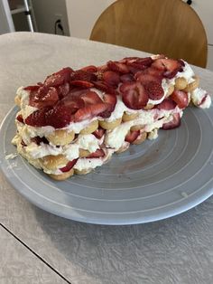 a plate that has some kind of desert on it with whipped cream and strawberries