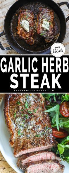 garlic herb steak in a cast iron skillet on a table next to a salad