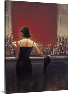 a painting of a woman sitting at a bar in front of a row of liquor bottles