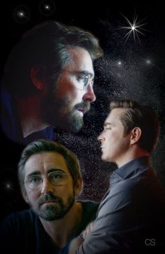 two men looking at each other with stars in the sky behind them and one man wearing glasses