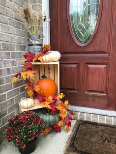 Cute front porch fall decor! Pumpkins, mums, and more. Create a really pretty focal point for the fall season. Fall Mum Front Porch Decor, Wood Crates Fall Decor, Fall Crate Porch Decor, Mums Front Porch Fall Displays, Autumn Front Porch Decor, Thanksgiving Decor Ideas, Small Porch Decorating, Sweet Disposition