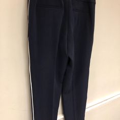 Bnwt Navy Tuxedo White Stripe Polyester Ankle Pants. I Have Another Pair Listed Tan With Black Stripe In My Closet As Well Navy Casual Office Bottoms, Casual Navy Pants For Office, Navy Bottoms For Office Wear In Spring, Navy Office Bottoms For Spring, Navy Pants For Spring Workwear, Navy Ankle-length Pants For Spring, Classic Striped Ankle-length Pants, Relaxed Fit Ankle-length Pants With Vertical Stripes, Fitted Ankle-length Pants With Vertical Stripes