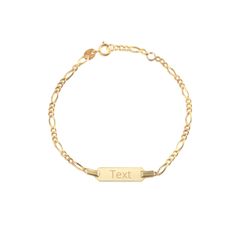 ID BRACELET: 14k yellow gold kids' ID bracelet featuring an ID plate that we will custom engrave for you; great jewelry gift for newborn, infants, babies, toddlers, little boy or girl, child, and kid; 6 inches QUALITY ITALY SOLID 14K GOLD: NOT plated; Stamped to authenticate the fineness of the gold; Entirely made in Italy ENGRAVABLE ID PLATE: Every child is unique, and a customized bracelet with an exquisite laser engraving is a beautiful way to highlight that and make your gift personal ADJUST Boys Bracelets, Baby Color, Name Bracelets, Gift For Newborn, Babies Newborn, Gold Girl, Id Bracelets, Baby Colors, Figaro Chain