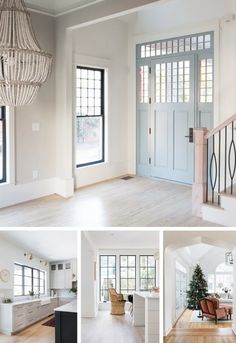 the inside of a house with white walls and wood floors, windows, and doors