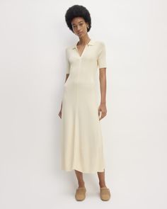 Polo Midi Dress, Polo Neck Dress, Summer Ribbed Midi Dress With Short Sleeves, Classic Viscose Midi Dress, Classic Stretch Short Sleeve Midi Dress, Classic Fitted Midi Dress In Viscose, Classic Fitted Viscose Midi Dress, Elegant Fitted Polo Dress With Collared Neckline, Fitted Polo Dress For Spring