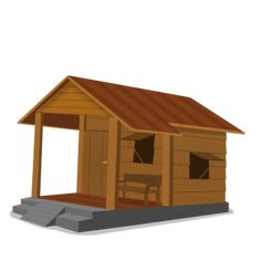 a small wooden cabin with a porch and door